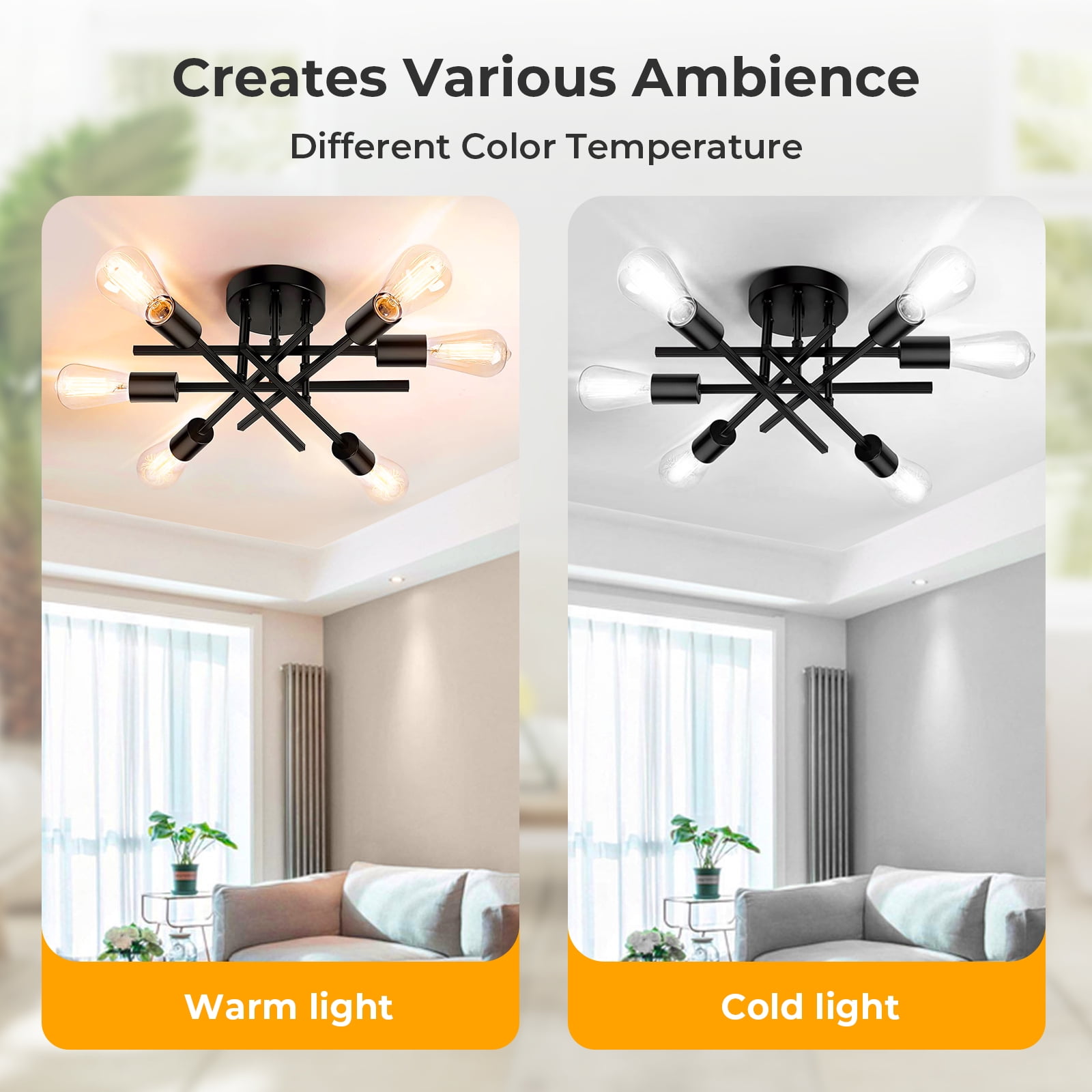 DONGPAI Modern Sputnik Chandelier Ceiling Light Fixtures, 6-Lights Industrial Dining Room Light Fixture Semi Flush Mount Ceiling Light for Kitchen Bathroom Living Room Bedroom Hallway