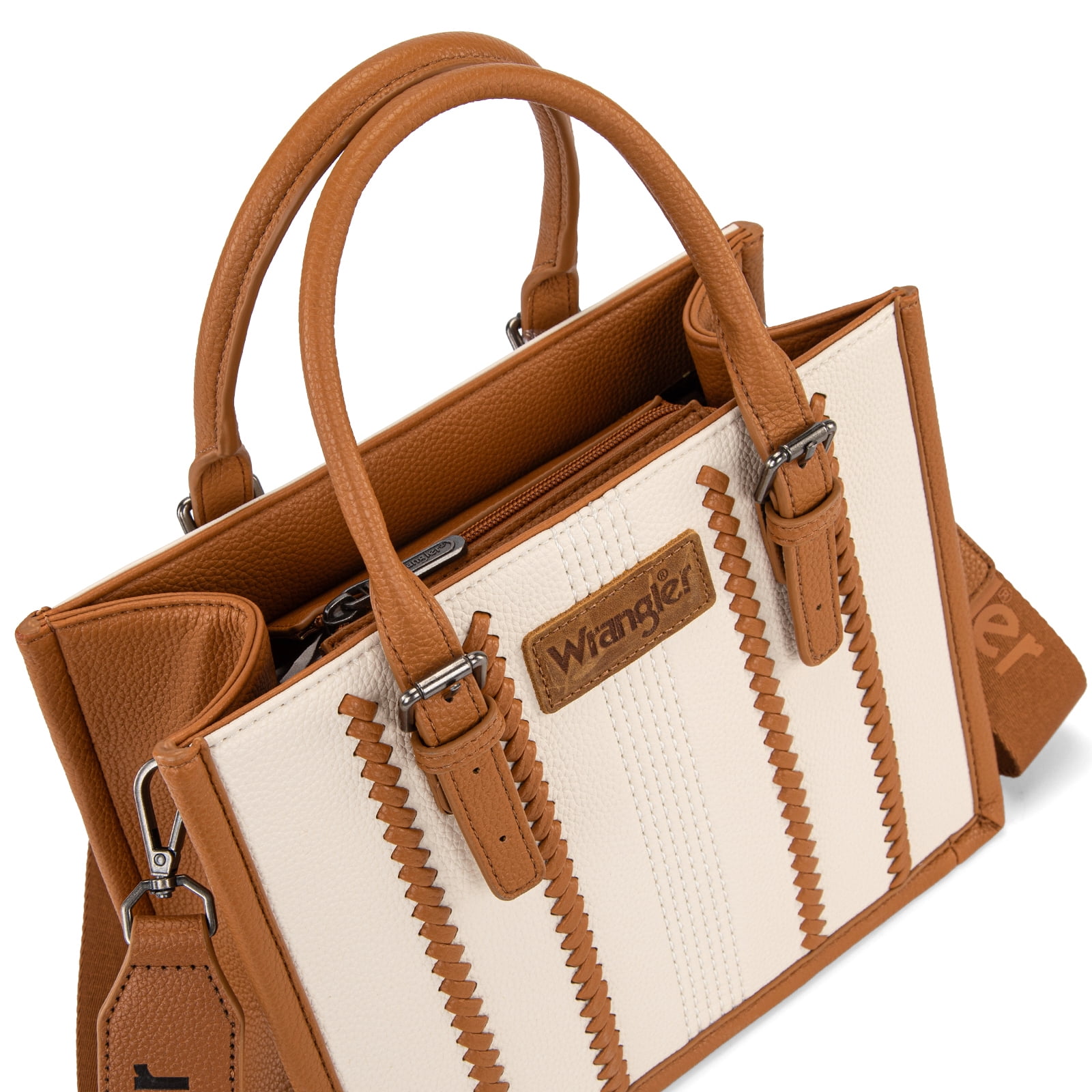Wrangler Boho Tote Bag for Women Western Purse Retro Top Handle Satchel Handbag with Signature Strap, Beige-Brown
