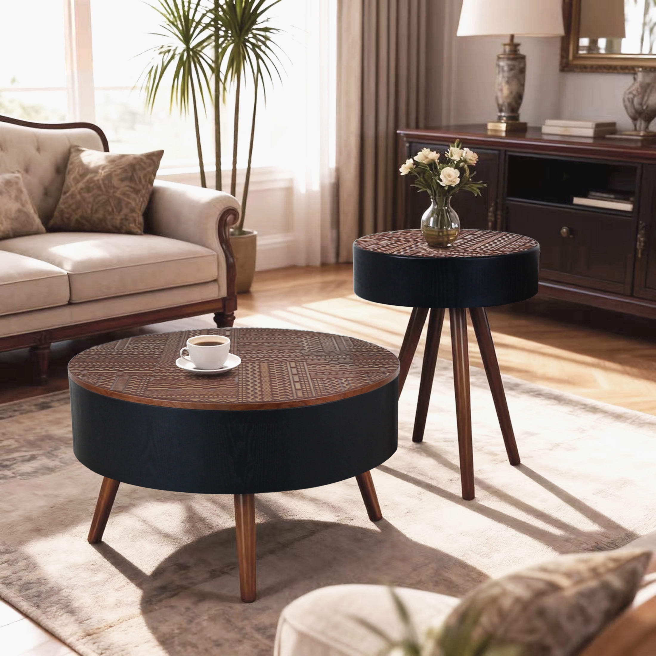 Noble House Tappen 31.5" Round Coffee Table with Engraved Top, American Wood Side Table for Small Spaces, Black