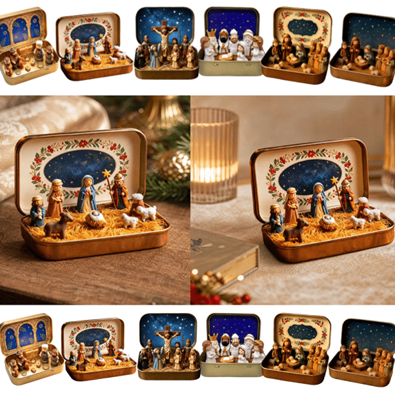 Mini Nativity Set in a Tin Box - Handcrafted Pocket Size Nativity Scene Gift Tin - Miniature Nativity Sets & Figures, Christmas Christian Decoration Indoor for Home Gifts Decor