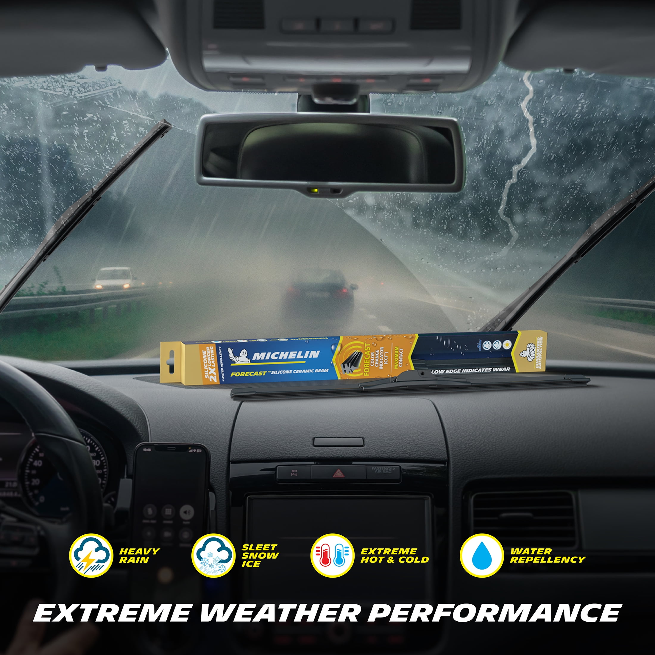MICHELIN® Forecast Predictive Wiper Blade, 22", Silicone Ceramic Beam Blade with Yellow Edge Color Changing Technology