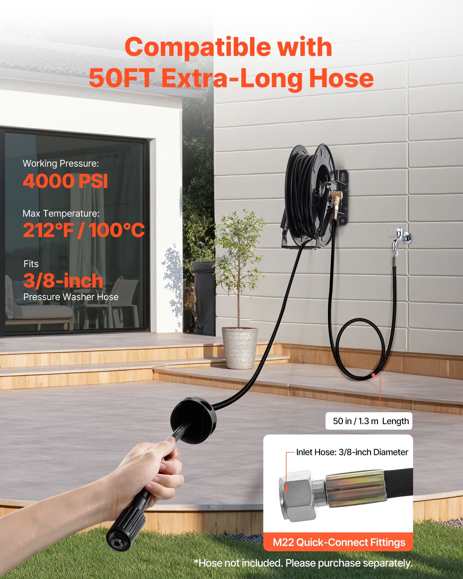 VEVOR Pressure Washer Hose Reel, 50 ft x 3/8 inch Retractable Power Heavy-Duty Steel Washer Hose Reel, 4000PSI Max, Auto-Rewinding, Flexible Wall/Floor Mounted for Car Washing,Garden,Floor Cleaning