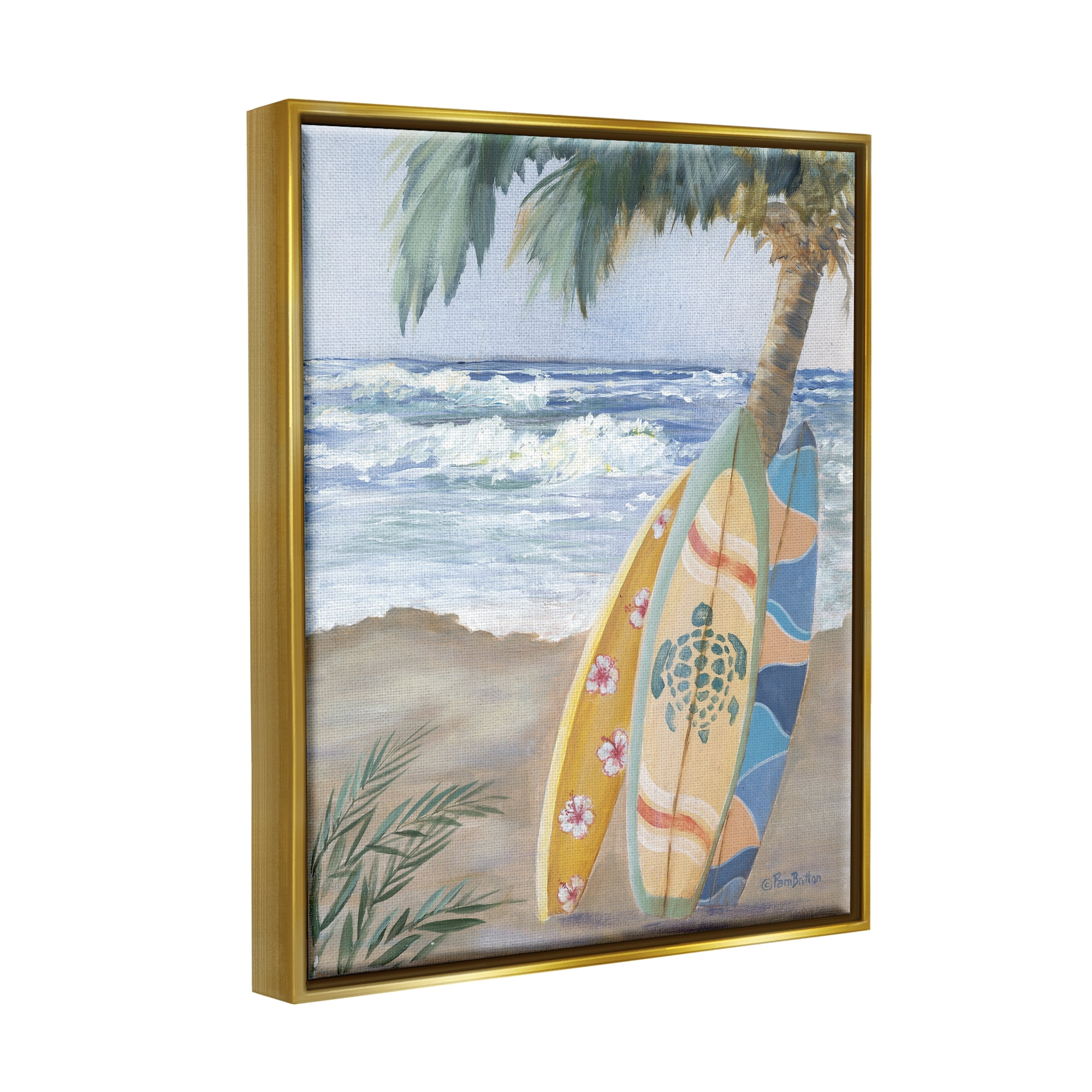 Stupell Fun Summer Surfboards Leaning Palm Tree Landscape Painting Gold Floater Framed Art Print Wall Art