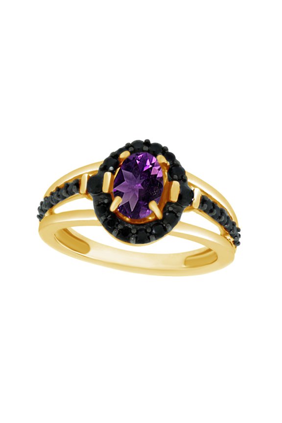 Oval Cut Amethyst & Black Spinel Halo Engagement Ring in 14k Yellow Gold Over Sterling Silver (1.24 Cttw)