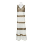 Adrianna Papell V-Neck Sleeveless Embellished Zipper Back Crepe Dress-IVORY GOLD / 14