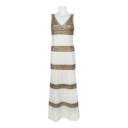 Adrianna Papell V-Neck Sleeveless Embellished Zipper Back Crepe Dress-IVORY GOLD / 14