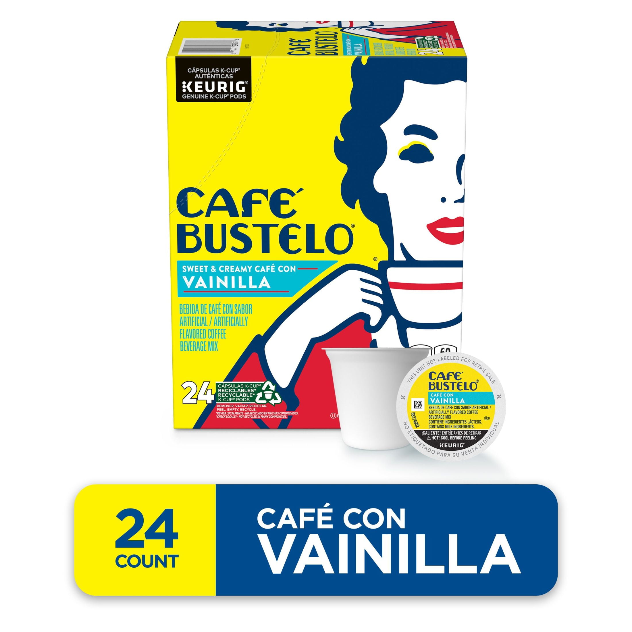 Cafe Bustelo Cafe con Vainilla, Flavored Coffee Beverage Mix, Keurig K Cup Pods, 24 Count Box