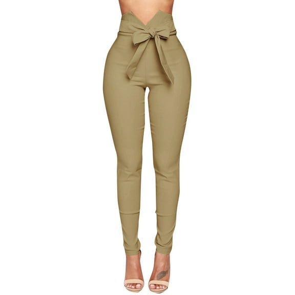 Aoochasliy Womens Pants Petite Women's Summer High Waist Pants Bow Slim Simple Elastic Pants