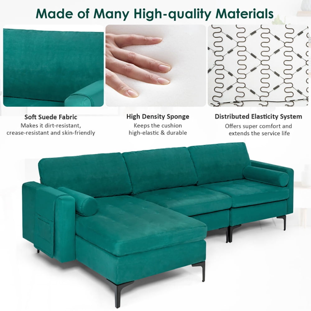 Finihen L-shaped Sectional Sofa Couch, Modular L-shaped 3-Seat Sectional Sofa with Reversible Chaise and 2 USB Ports, for Living Room, Teal Finihen L-shaped Sectional Sofa Couch, Modular L-shaped 3-Seat Sectional Sofa with Reversible Chaise and 2 USB Ports, for Living Room, Teal