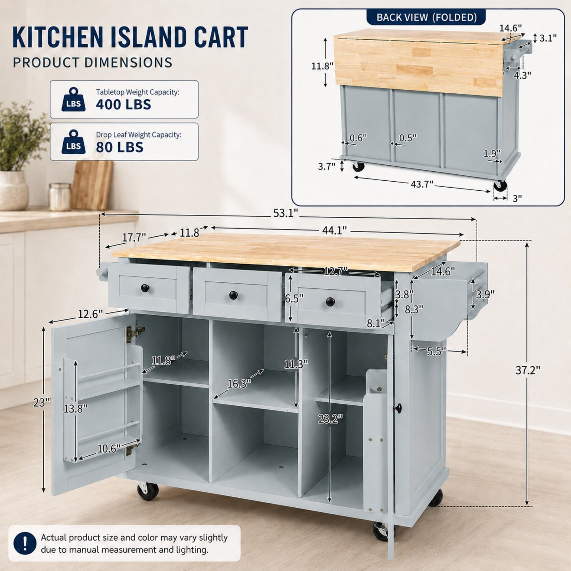 DEALTOPS 53" Kitchen Island Cart on Wheels with Drop Leaf, Storage Cabinet and 3 Drawers, Blue Gray