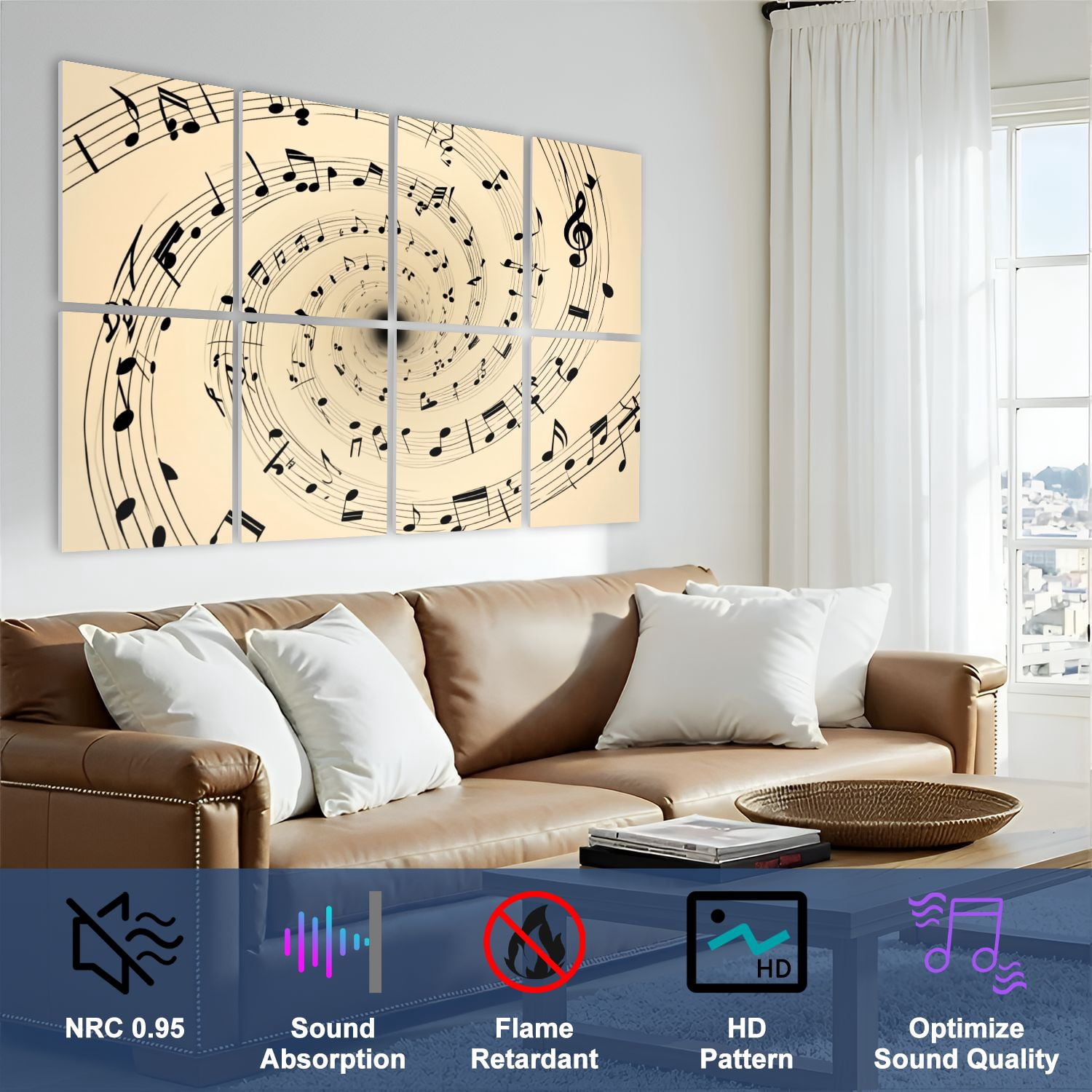 8 Pack Art Acoustic Panels Sound Absorbing Abstract Spiral Black Musical Notes Beige Decorative Soundproof Wall Panels Self Adhesive for Nursery Game Room Bedroom 48"x32"