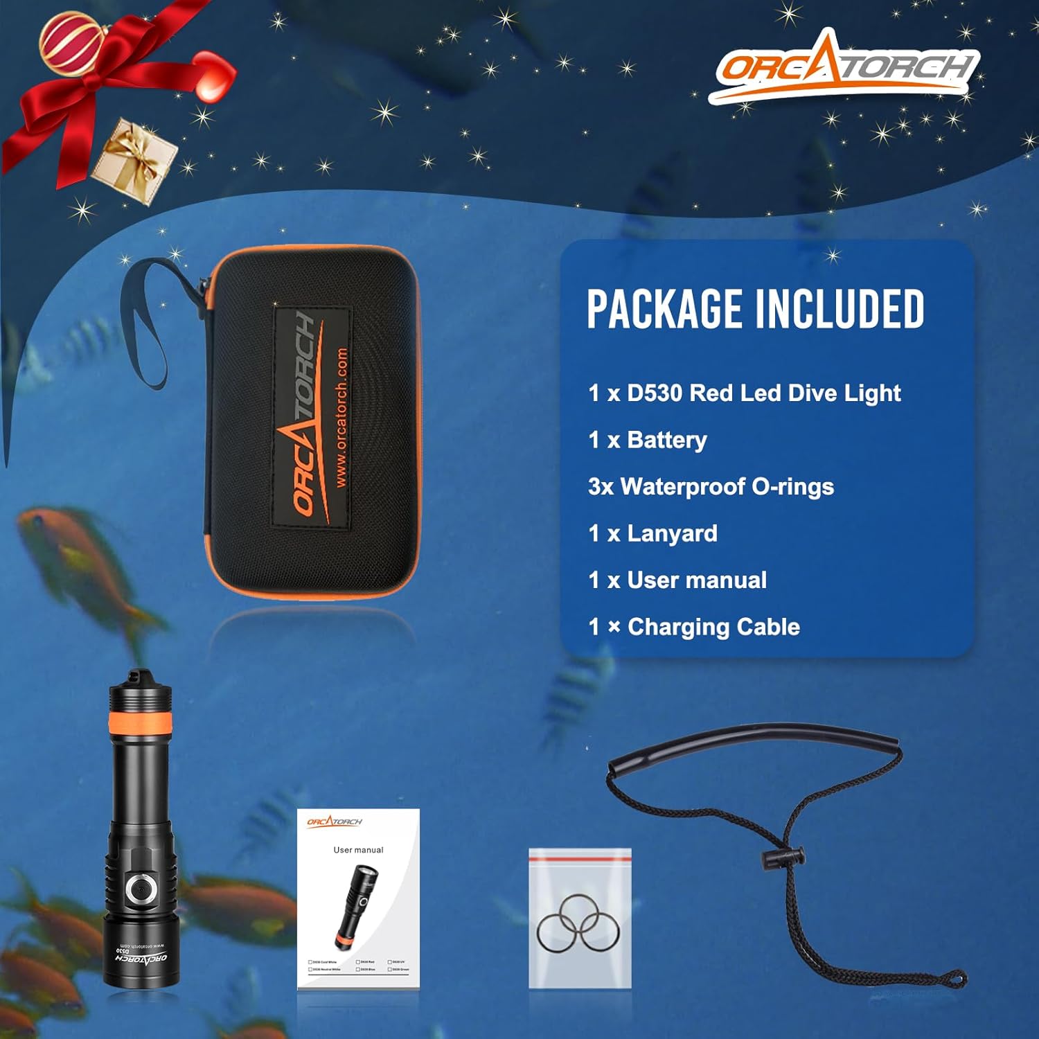ORCATORCH D530 Scuba Dive Light, 395NM LED UV Light, Titanium Alloy Side Button Switch, 2 Lighting Modes with Battery Indicator for Underwater 150M Diving