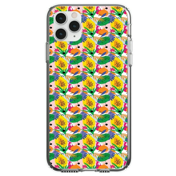 DistinctInk Clear Shockproof Hybrid Case for iPhone 13 (6.1" Screen) - TPU Bumper, Acrylic Back, Tempered Glass Screen Protector - Summer Vibes Floral Pattern Green Yellow Blue