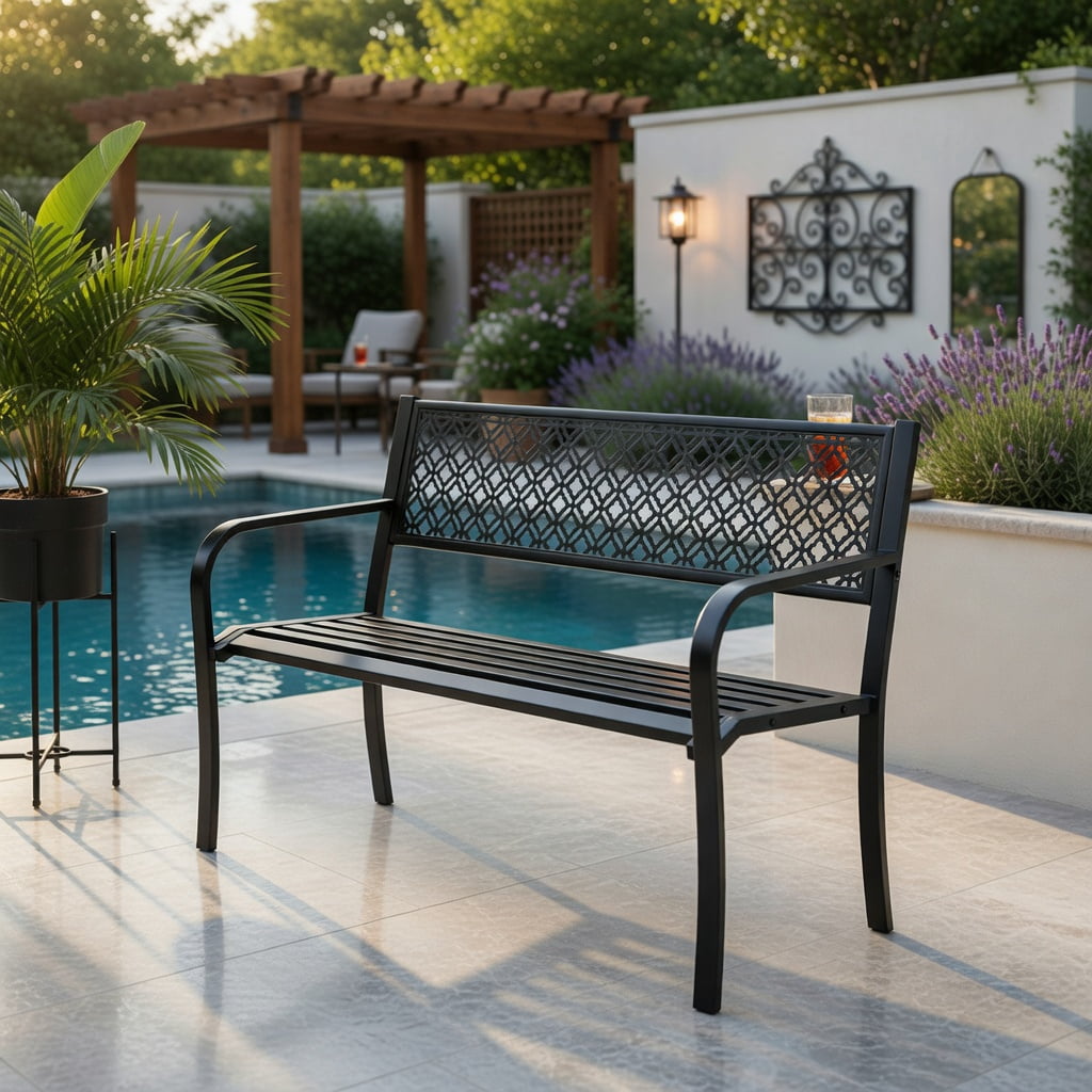 Hommoo 50" Modern Metal Garden Bench with Geometric Lattice Backrest, Slatted Seat & Anti-Slip Feet, Outdoor Patio Bench for Porch, Backyard, and Deck, Black