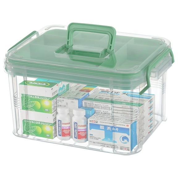 Medicine Storage Container with Handle, Portable First Aid Box Organizer, Clear Plastic Storage Case with Removable Grid Divider, Mint Green Lid, Home Medical Supply Organizer