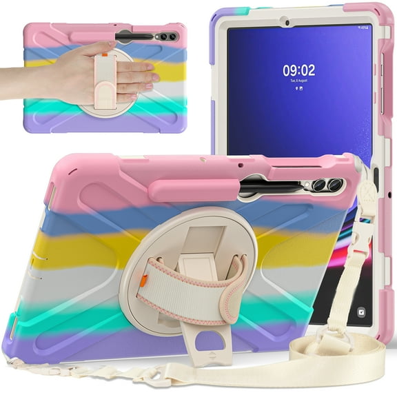 Shockproof Case for Samsung Galaxy Tab S10 Ultra/ Tab S9 Ultra, 360 Rotating Stand Heavy Duty Protective Shoulder Strap w/ S Pen Holder Hand Strap Cover for Galaxy Tab S10 Ultra/ S9 Ultra,Rainbow Pink
