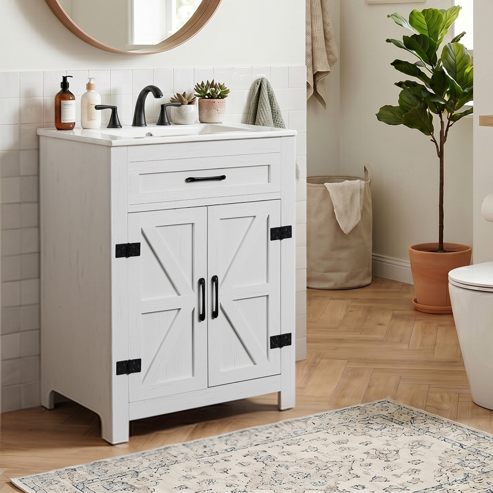 Washbasin Cabinet, Barn Double Door With U-Shaped Internal Shelves, Washed White Particleboard With Melamine Veneer, 76*47*91cm (30 Inches)