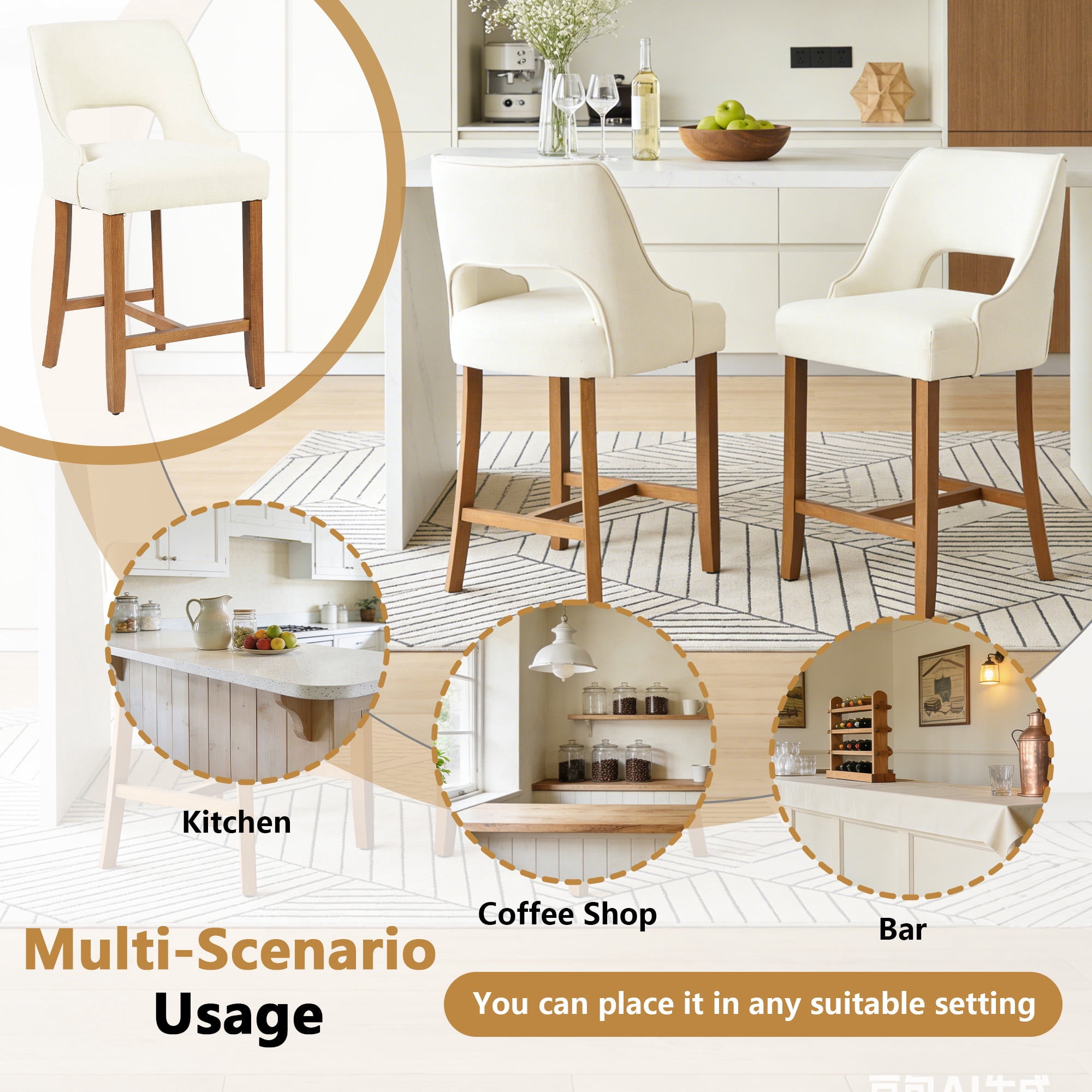 ClinQ Modern Counter Height Bar Stool Set of 1, Upholstered Seat with Back and Walnut H-Frame Footrest for Kitchen Island, Beige