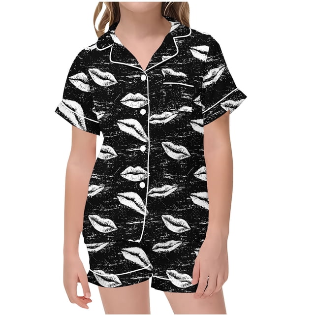 Odeerbi 2-12 Años Niñas Pijama de Satén de Verano Con Solapa Muesca Camisas de Manga Corta Pantalones Cortos Conjunto Suave San Valentín Ropa de Dormir Juegos de Pijamas de Dos Piezas