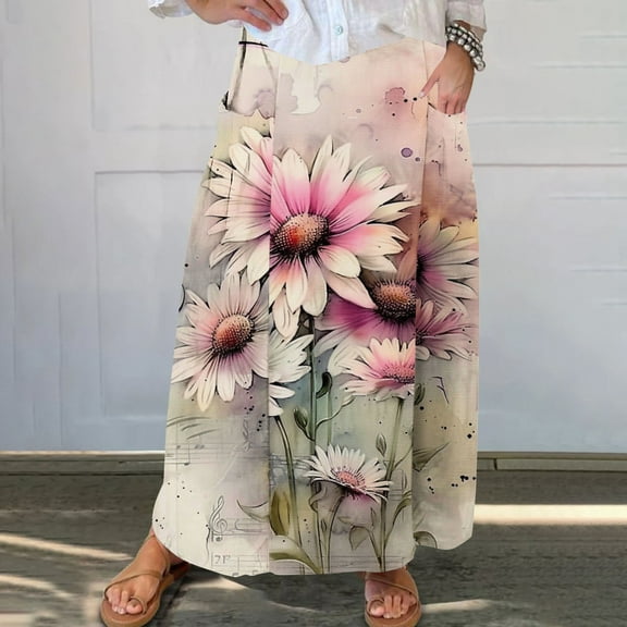 Cavosen Womens Skirts Midi Length Flowy Elastic Waist Floral Print Casual Skirts Elegant Lightweight Fashion Calf Length Skirts with Pocket Work Loose Fall Winter Clothes Pink