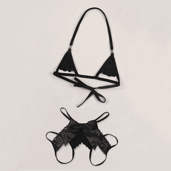 Sexy Lingerie for Women, Two Piece Sheer Matching Seamless Bra and Naughtie Low Rise Back Bow Hotpants Panties