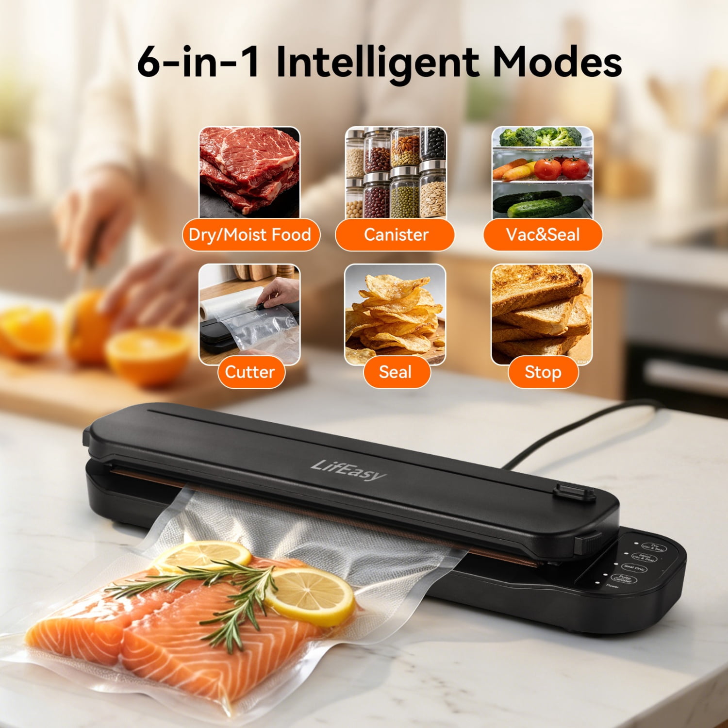 LifEasy VS2203 Food Vacuum Sealer Machine, 80kPa, 6-in-1 Modes, Dry & Moist Modes, Built-in Cutter, External Suction, 2 Rolls Bags & Starter Kit