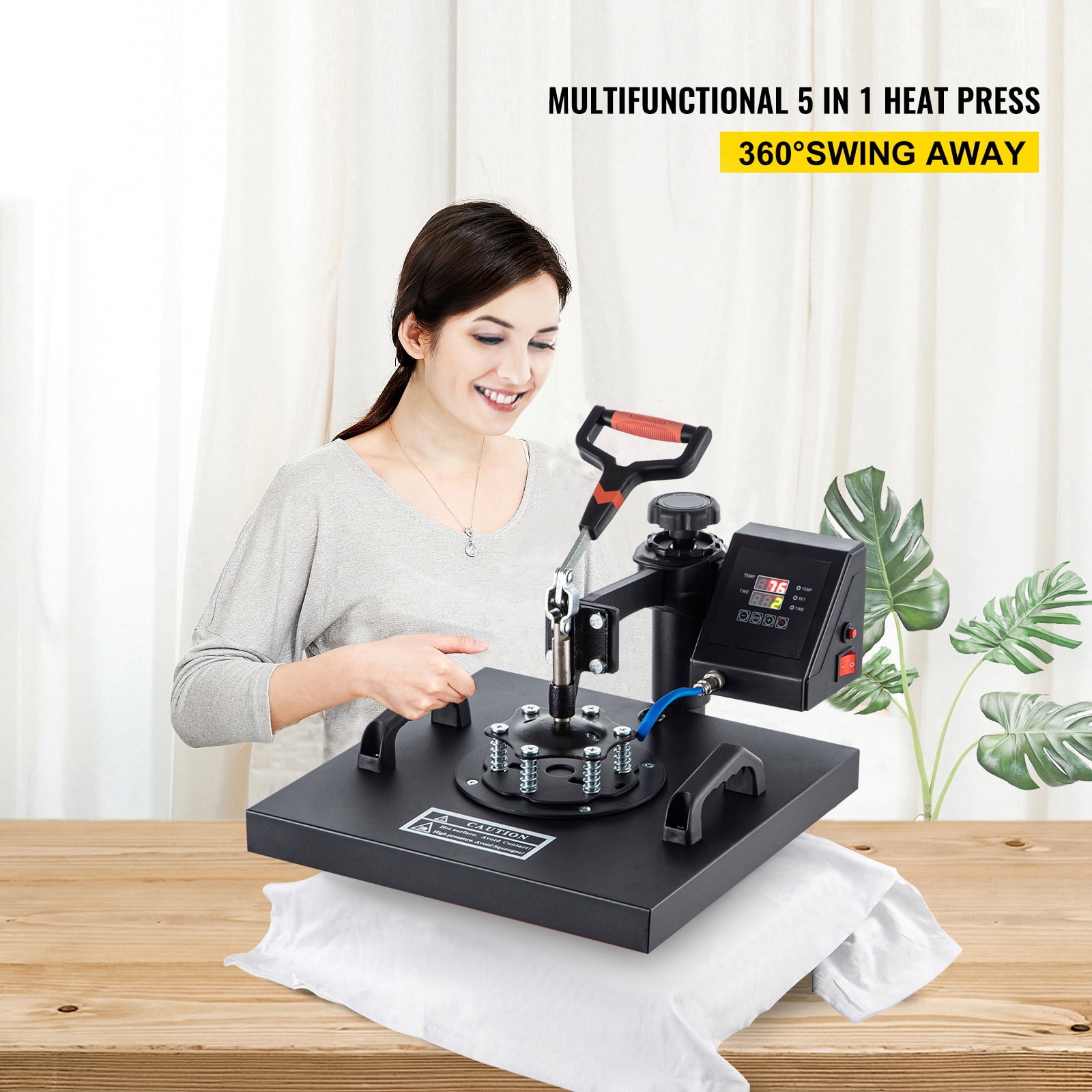 SKYSHALO 5 in 1 Heat Press, 15x15 Inch Multifunctional Clamshell Printer, Digital Panel Heat Press Transfer Machine, 360° Swing Away Sublimation Machine for T-shirt Hat Cap Mug Plate Bag