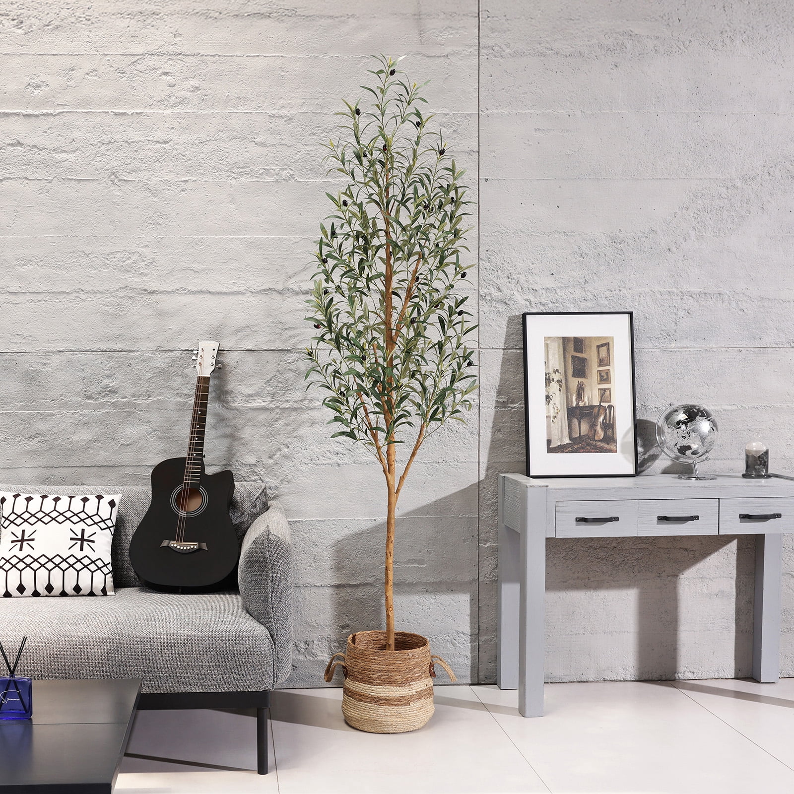 DR.Planzen 7' Artificial Olive Tree Indoor, Tall Faux Olive Tree, Artificial Plants with Natural Wood Trunk and Lifelike Fruits for Home Office Decor