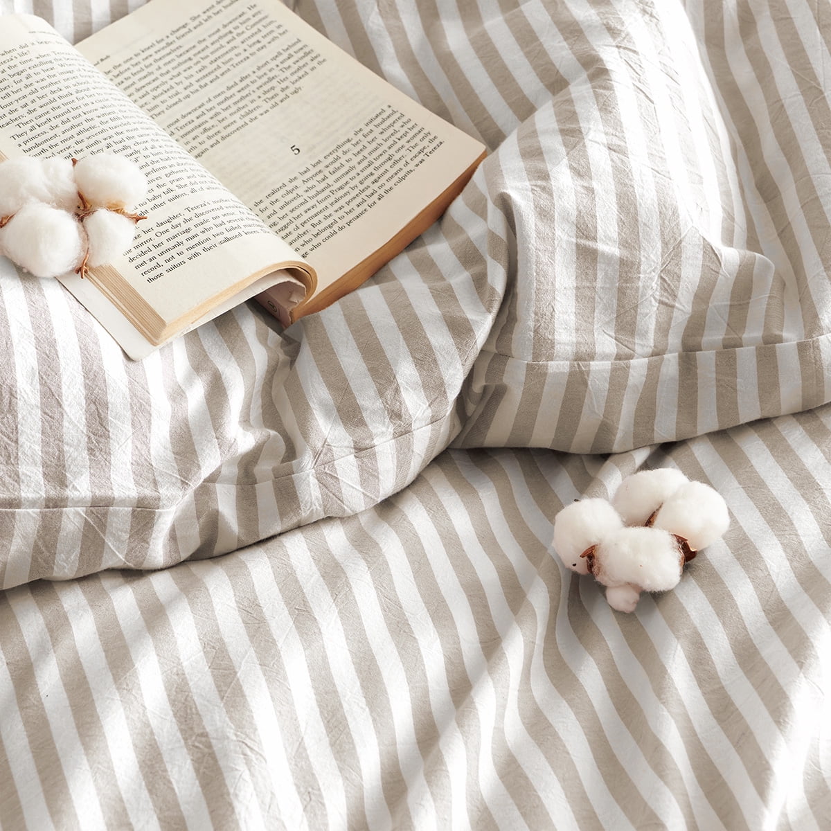 JOLUSERE 100% Organic Cotton Striped Duvet Cover Twin Set, 2-Piece Linen Like Textured Breathable Bedding Cover（Beige& White Classic Stripes）
