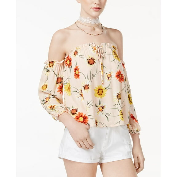 American Rag Juniors Floral Print Off The Shoulder Top Tropical Peach L