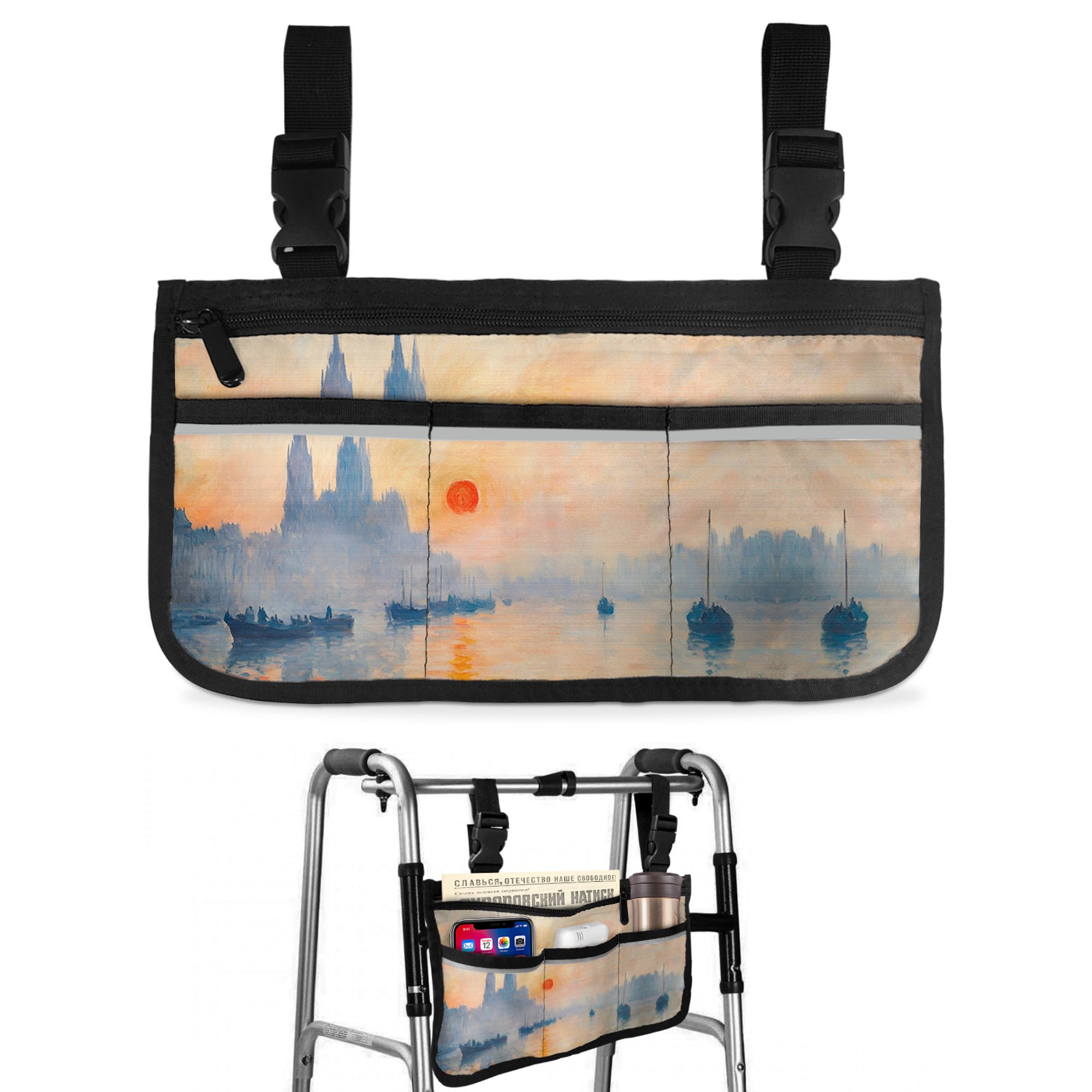 Harbor at Sunrise Wheelchair Side Bag with Cup Holder, Coastal Nautical Gold Blue Rising Sun Ships Cathedral Wheelchair Armrest Bag Storage Pouch Adults, Seniors for Walkers, Rollator, Scooter