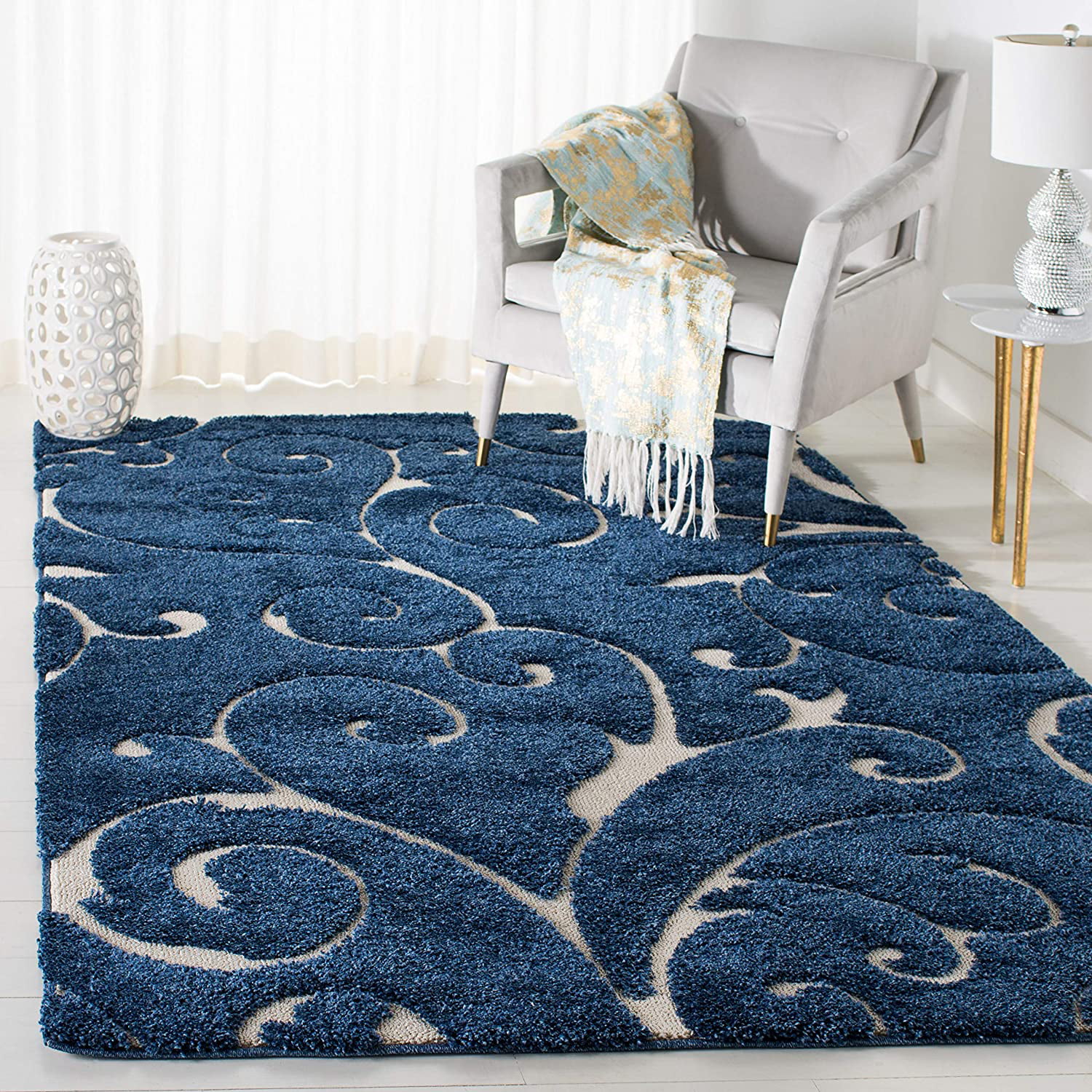 Beige/Blue Grey 4' x 6' SAFAVIEH Florida Shag Collection SG455 Scrolling Vine Graceful Swirl Textured Non-Shedding Living Room Bedroom Dining Room Entryway Plush 1.2-inch Thick Area Rug 