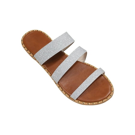 

KBKYBUYZ Women Summer Beach Flat Sandals Sequins Strappy Sandals Open Toe Slides Slippers Ladies Casual Comfort Travel Shoes Slippers for Women Clearance