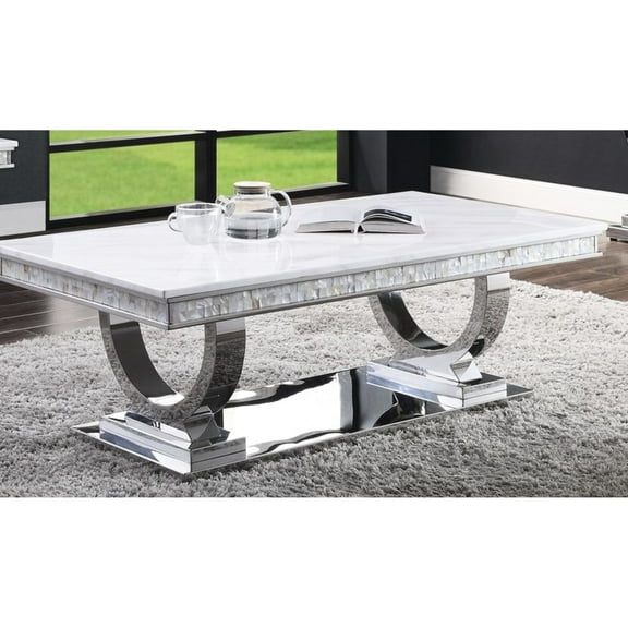 Faux Marble Top & Mirrored Silver Coffee Table - 18mm Thick, Sophisticated For Living Room, Stainless Structure Modern With Surface And Area, Steel