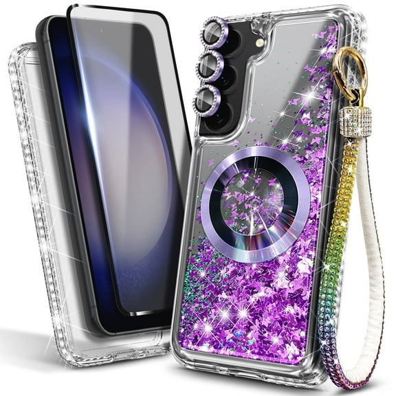 Nagebee For Samsung Galaxy S23 Phone Case MagSafe Wireless Charging Compatible Camera Lens & Tempered Glass Screen Protector & Wrist Strap Lanyard Glittering Liquid Cover (Purple)