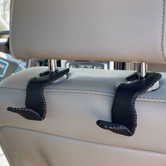 Leather Car Seat Hooks (2 Pack Black) | Portable Bag Holder for Car to Keep Your Purse, Grocery Bags, & Handbags from Sliding Around | Purse Hook for Car Headrest with Crafted Stitches