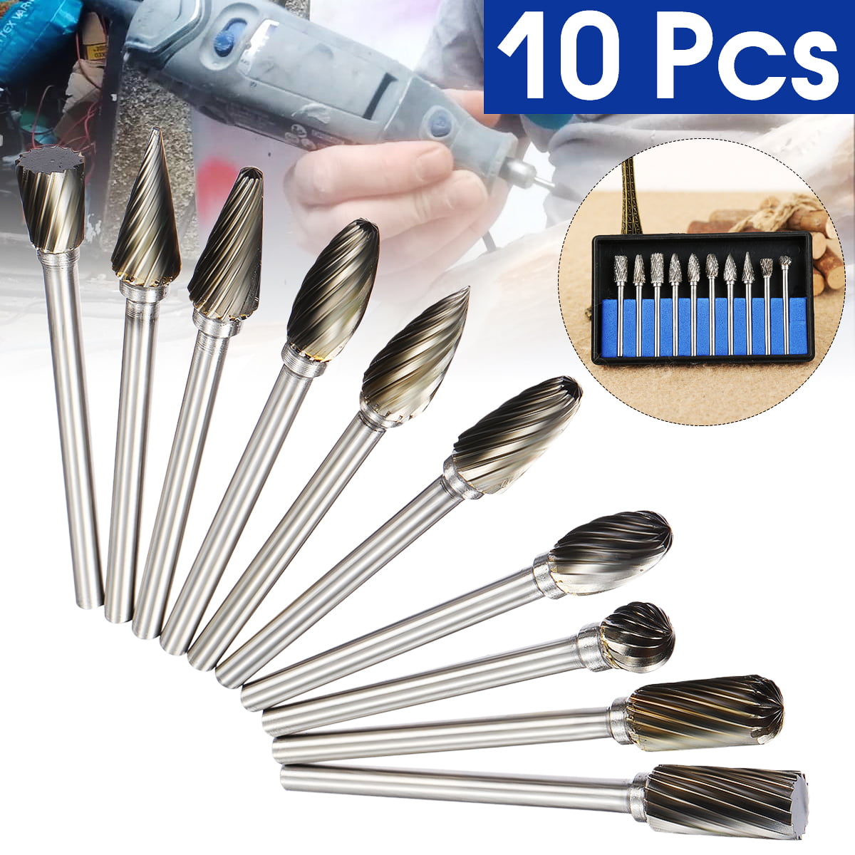 10X Tungsten 6mm Head Carbide Burr Drill Kit For Grinder Carving Bit Rotary Tool 