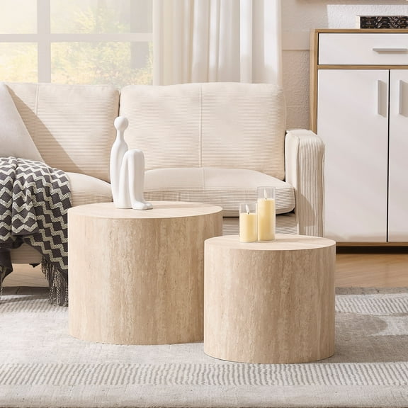 Guyou Nest Coffee Table Set of 2, Modern Wooden Round Coffee Table with Small End Table, Circle Accent Side Table for Living Room Bedroom Balcony, Natural