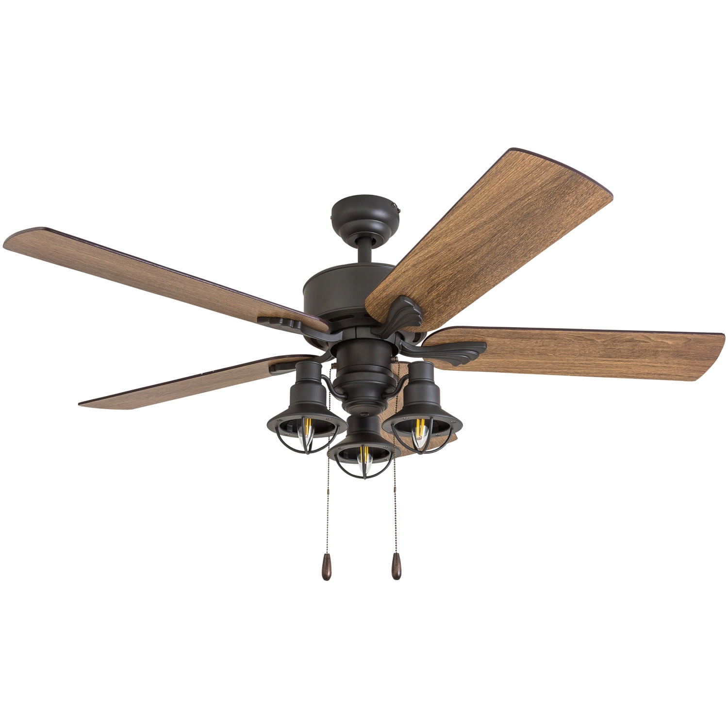Small ceiling fan light with pull cords Champion antique brass & oak 106 cm 42" 