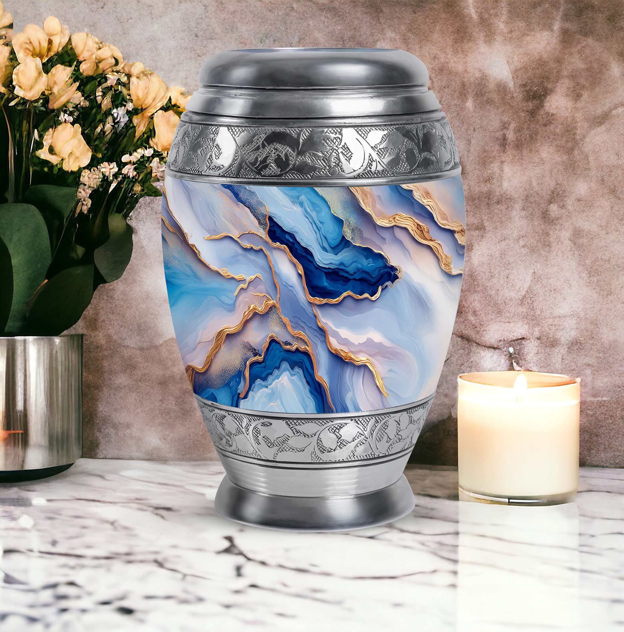 SABURIAL Blue Cremation Urns for Adult Ashes Male - Decorative Urns for Mom & Dad Ash - Cremation Urn for Human Remains - Handcraft Urn for Adult Female - Large Size 10 Inch with Velvet Bag