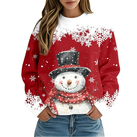 Fiaer Christmas Crew Neck Sweatshirts Women Oversized Snowman Snowflake Graphic Pullover Long Sleeve Loose Fit Xmas Tops Red XL