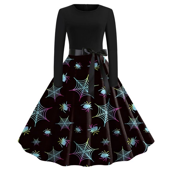 XIAOCHA Halloween Print Swing Dress For Women Long Sleeve Belted Vintage Party Gown