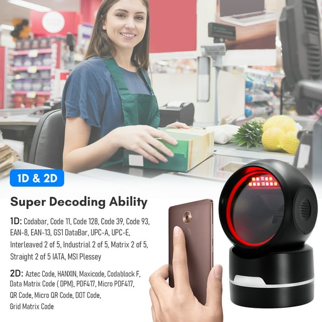 BISOFICE 1D 2D QR Lecteur de Code-Barres Filaire de Bureau Plateforme Mains Libres Lecteur Automatique Port USB Plug&Play Compatible avec Système de Fenêtre Image Capteur CMOS