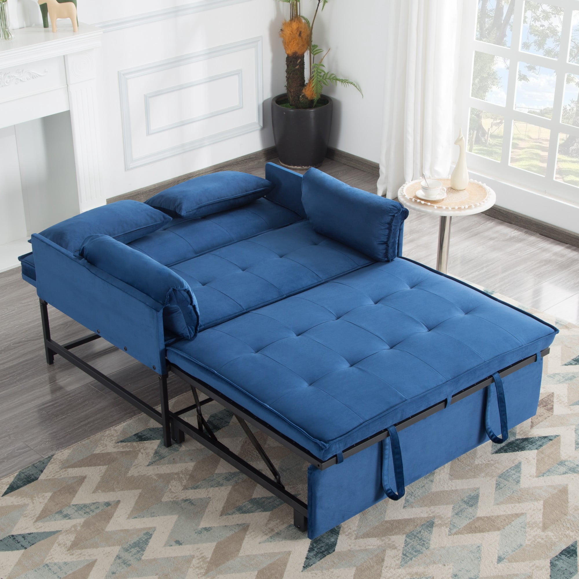 BSHTI 46" Velvet Pull-Out Sleeper Sofa Bed with Adjustable Back, 2 Pillows, Metal Frame for Living Room/Bedroom（Navy Blue）