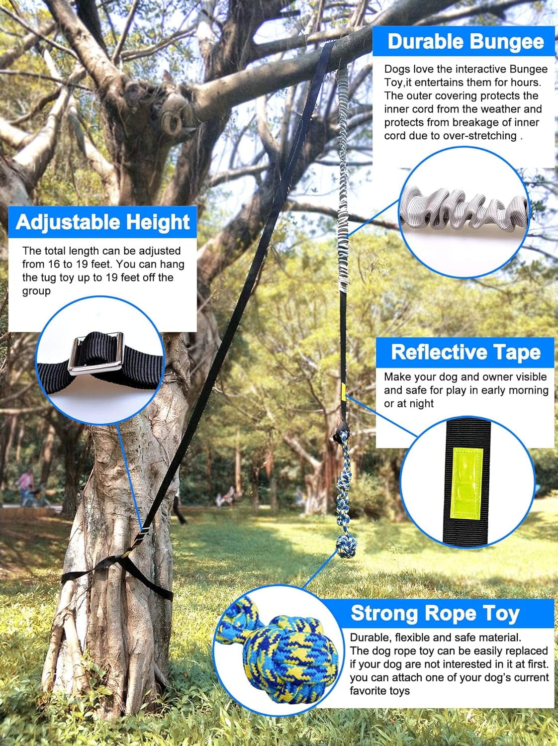 Outdoor Bungee Tug Toy，Dog Toy Hanging from Tree for Small to Large Dogs, Interactive Exercise Play Cord & Tether with Chew Rope Toy (Black)