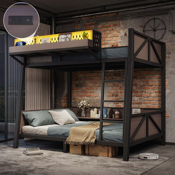 Harper & Bright Designs Twin Bunk Bed with Storage Shelves and Ladder, Twin Size Metal Bunk Bed Frame with LED Light and USB Ports for Bedroom, Black