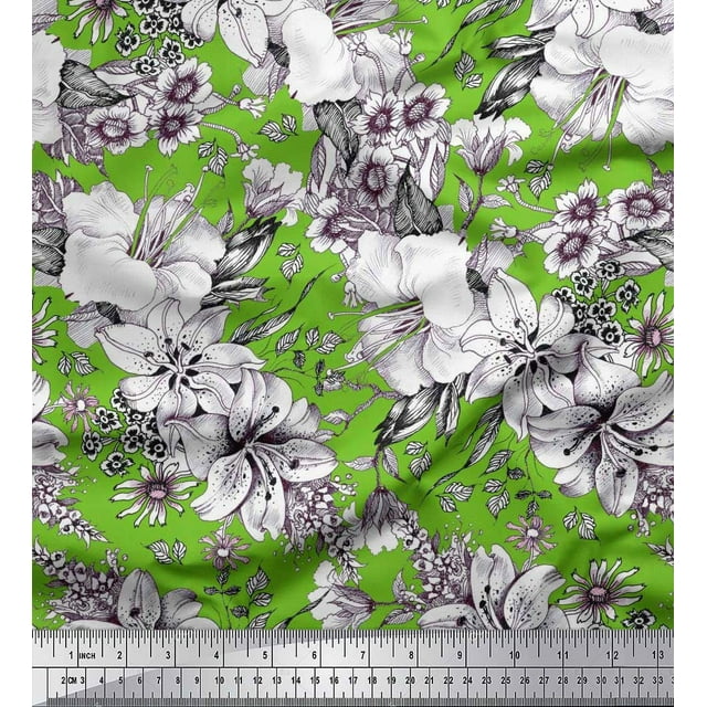 Soimoi Poly Georgette Fabric Leaves & Flower Floral Printed Craft Fabric by the Yard 42 Inch Wide