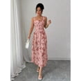 thumbnail image 3 of Bubblegum Pink Floral Print Waist-Gathering Pleated A-Line Maxi Dress For Women, 3 of 6
