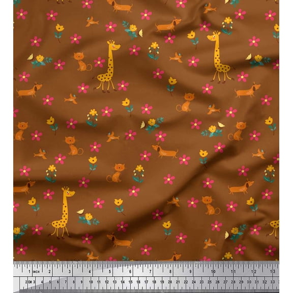 Soimoi Brown Polyester Crepe Fabric Floral,Cat & Giraffe Cartoon Fabric Prints by Yard 42 Inch Wide