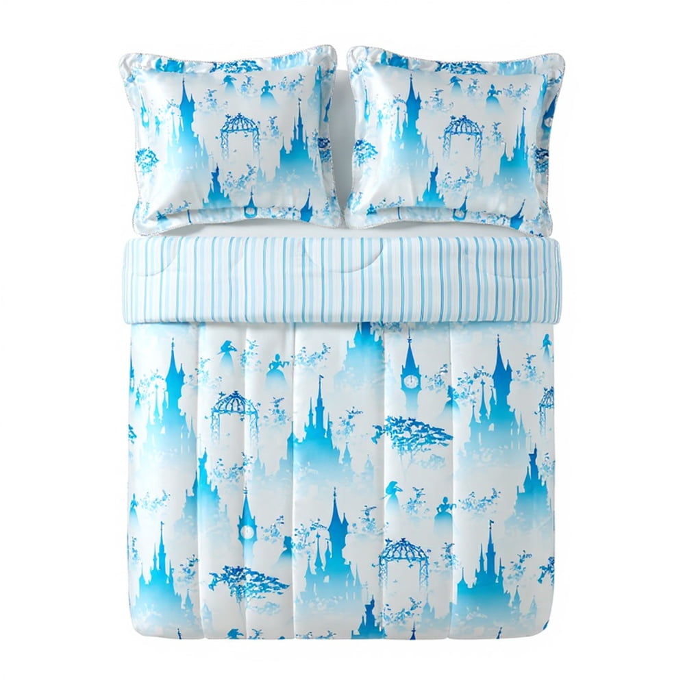 Disney Princess Blue & White Satin and Roped Trim 3 Piece Comforter and Sham Bedding Set, All Ages, Queen